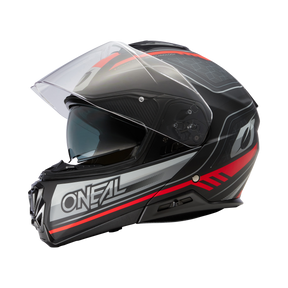 Der O'NEAL M-SRS Helm STRING ist ein Vollvisierhelm in Schwarz und Grau mit roten Akzenten, klarem Visier und auffälligem O'NEAL"-Logo an der Seite - ideal für Fahrer, die Wert auf Stil und Sicherheit legen.