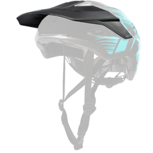 Der O'NEAL VISOR MATRIX Helm SPLIT von O'NEAL zeichnet sich durch ein schwarzes und blaugrünes geometrisches Design, ein Visier und verstellbare Riemen auf einem weißen Hintergrund aus.