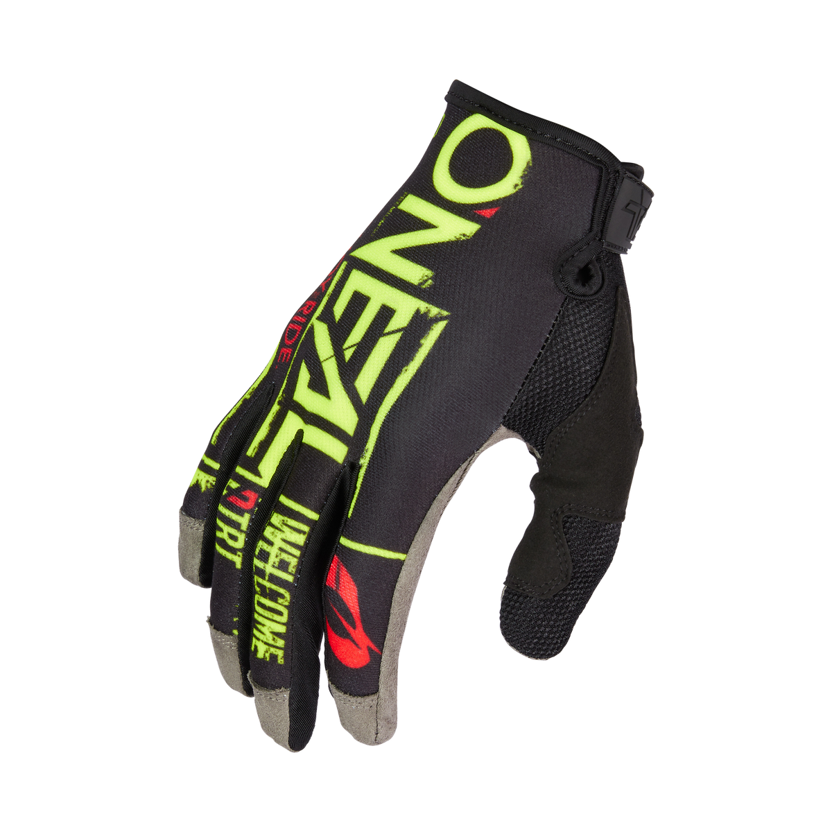Il guanto O'NEAL Mayhem ATTACK è un guanto da mountain bike nero e grigio con grafica O'NEAL verde neon, rossa e bianca. Ha una struttura robusta, un pannello in rete e una chiusura in velcro sul polso per garantire comfort e sicurezza.