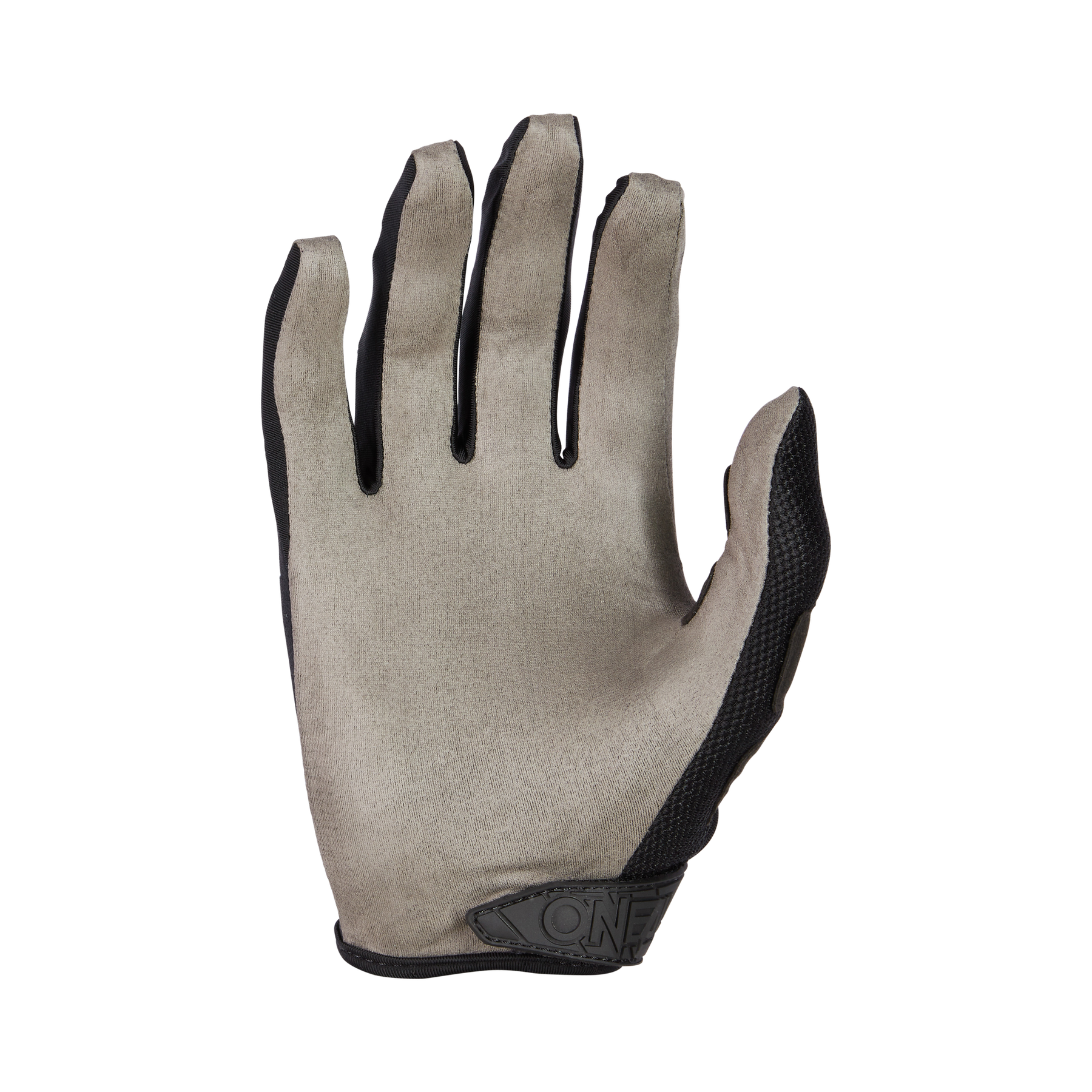 Ein einzelner O'NEAL MAYHEM Handschuh PISTON in Grau mit schwarzem Rand ist mit der Handfläche nach oben vor einem weißen Hintergrund abgebildet. Der Handschuh von O'NEAL hat ein einfaches, langlebiges Design und verfügt über einen strukturierten Bereich in der Nähe des Handgelenks.