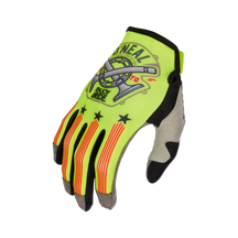 Der O'NEAL MAYHEM Handschuh PISTON ist ein neongelb-schwarzer Handschuh mit rot-orangen Fingerstreifen, Fahrradketten- und Kurbelgrafik sowie "ONEAL"- und "ENJOY RIDE"-Aufdruck - stylisch, langlebig, perfekt für Motocross oder Radfahren.