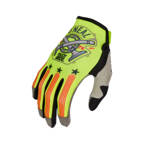 Der O'NEAL MAYHEM Handschuh PISTON ist ein neongelb-schwarzer Handschuh mit rot-orangen Fingerstreifen, Fahrradketten- und Kurbelgrafik sowie "ONEAL"- und "ENJOY RIDE"-Aufdruck - stylisch, langlebig, perfekt für Motocross oder Radfahren.