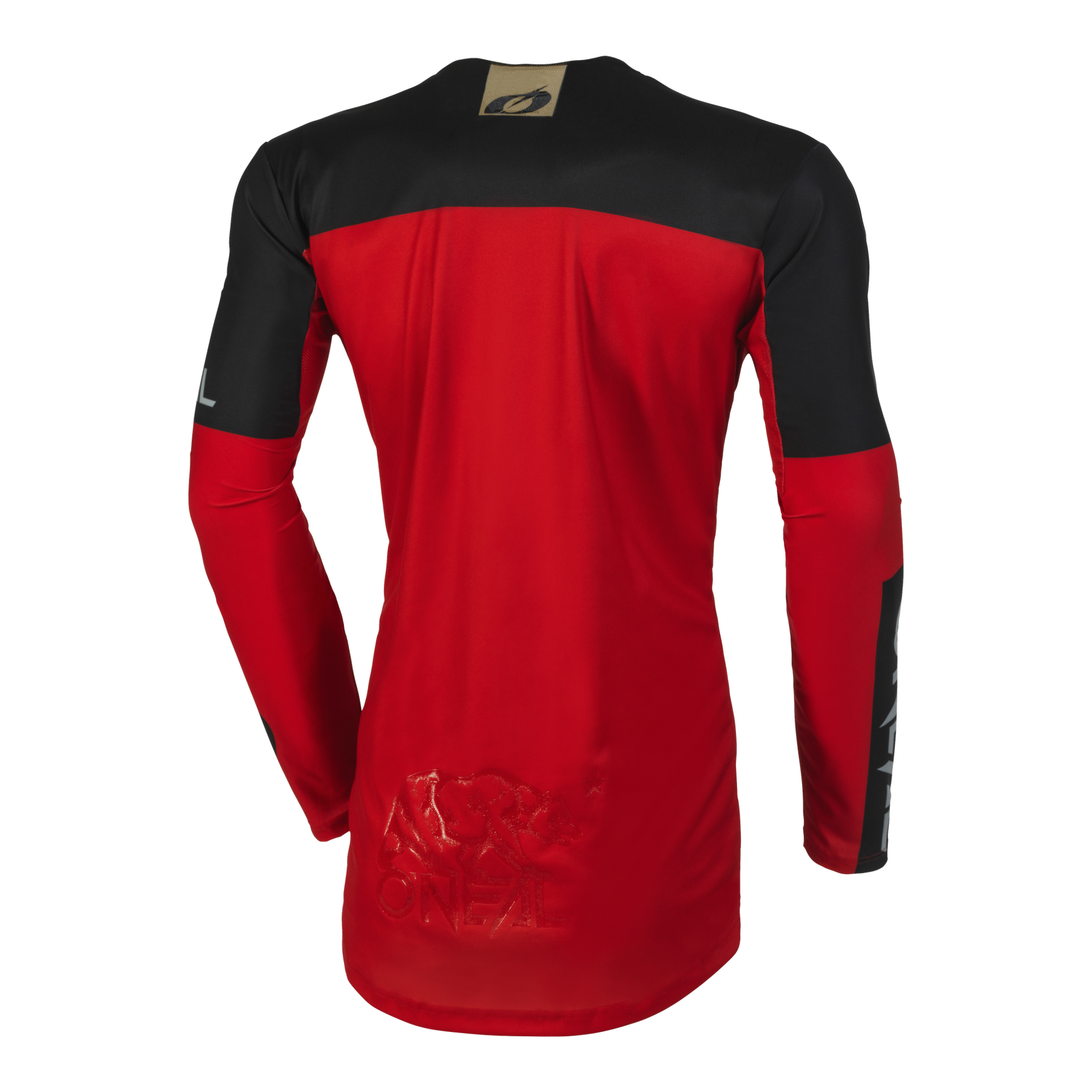 Das O'NEAL MAYHEM Jersey HEXX hat ein schwarzes Oberteil und ein leuchtend rotes unteres Rückenteil, ein dezentes O'NEAL-Branding, einen kleinen braunen Aufnäher im Nacken und bietet Hochleistungsqualität.