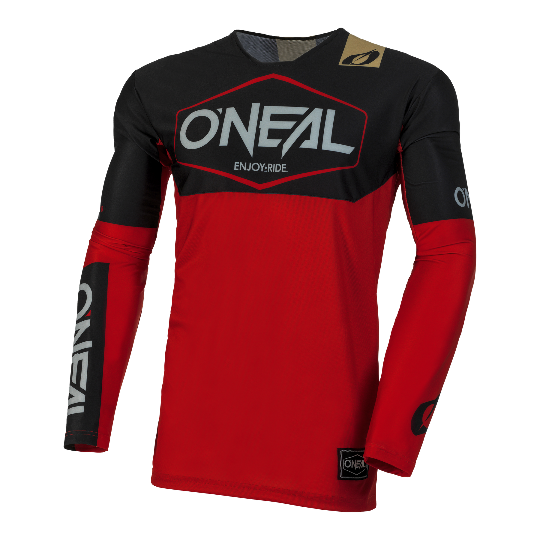 Das O'NEAL MAYHEM Jersey HEXX ist ein leistungsstarkes rot-schwarzes Trikot mit weißem "O'NEAL"-Branding auf der Brust, den Ärmeln und der Vorderseite, mit dem Aufdruck "ENJOY.RIDE." unterhalb des Hauptlogos für optimale Funktionalität.