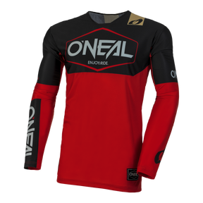 Das O'NEAL MAYHEM Jersey HEXX ist ein leistungsstarkes rot-schwarzes Trikot mit weißem "O'NEAL"-Branding auf der Brust, den Ärmeln und der Vorderseite, mit dem Aufdruck "ENJOY.RIDE." unterhalb des Hauptlogos für optimale Funktionalität.