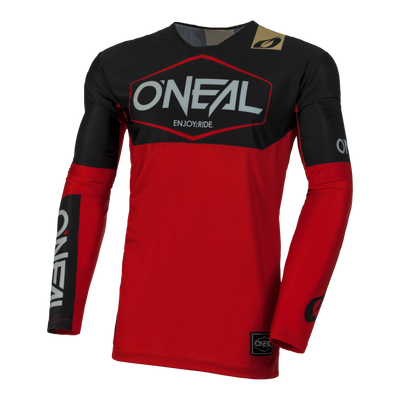 El Maillot O'NEAL Mayhem Hexx es un maillot rojo y negro de alto rendimiento con la marca "O'NEAL" en blanco en el pecho, las mangas y la parte delantera, con "ENJOY.RIDE." impreso debajo del logotipo principal para una funcionalidad óptima.