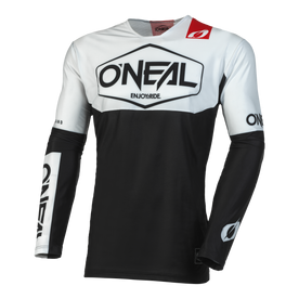 The O'NEAL MAYHEM Jersey youth Hexx is a black and white long-sleeved youth jersey with the O'NEAL logo on the chest, left sleeve and right wrist as well as a red accent on the right collar and the text "ENJOY RIDE" under the main logo.