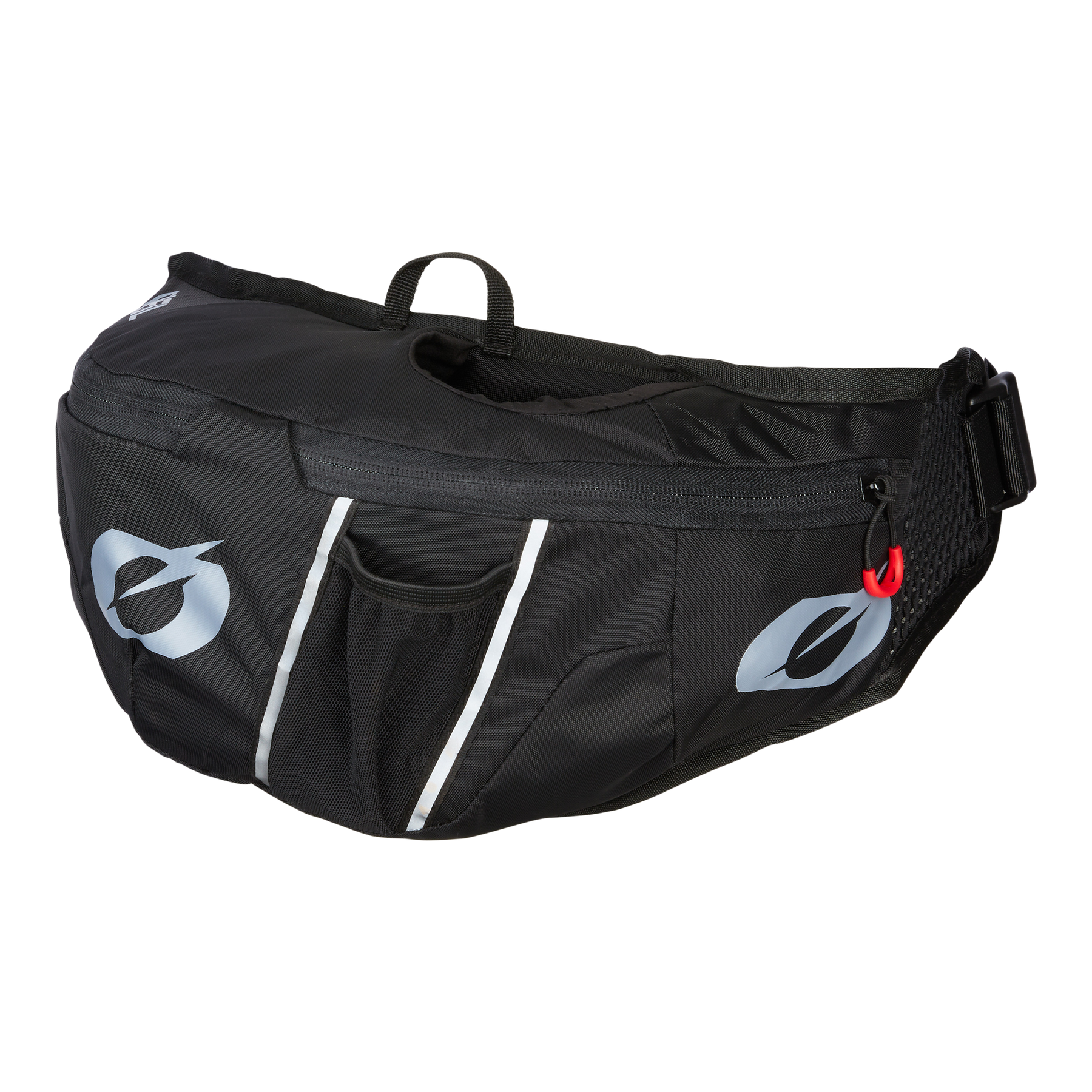 Die O'NEAL MTB WAIST Werkzeugtasche ist eine schwarze Hüfttasche mit einem Hauptfach mit Reißverschluss, einer Netztasche auf der Vorderseite, reflektierenden Streifen und einem verstellbaren Gurt mit roter Schlaufe - ideal, um wichtige Dinge sicher und griffbereit aufzubewahren.