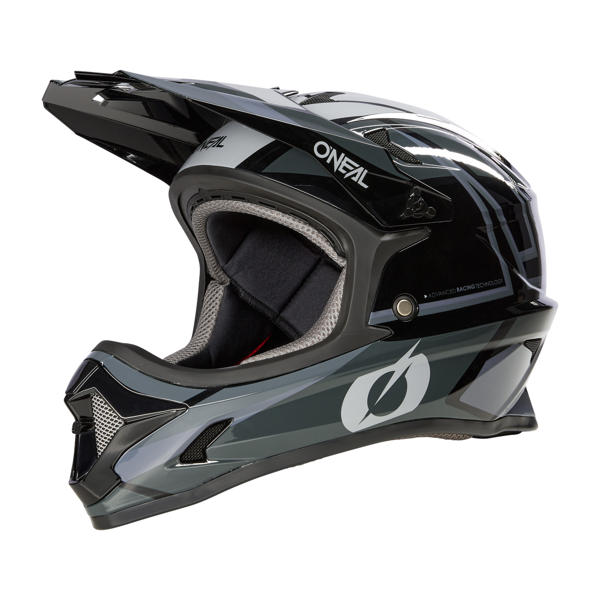 Der O'NEAL SONUS Helm SPLIT ist ein schwarz-grauer Integralhelm mit Visier, Belüftungsöffnungen und gepolsterter Innenausstattung, abgebildet im Seitenprofil auf schwarzem Hintergrund - perfekt für Fahrer, die sowohl Wert auf Stil als auch auf Schutz legen.