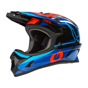 Der O'NEAL SONUS Helm SPLIT ist ein Fullface-MTB-Helm in den Farben Schwarz, Blau und Rot mit geometrischen Mustern und einem Visier, auf dem der O'NEAL-Markenname und das "O"-Logo zu sehen sind - ideal für Fahrradfans.