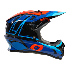 Der O'NEAL SONUS Helm SPLIT ist ein MTB-Vollvisierhelm in Blau, Schwarz und Rot mit geometrischem Design und O'NEAL-Logo - der ideale Schutz für Motocross- und Bike-Abenteuer.