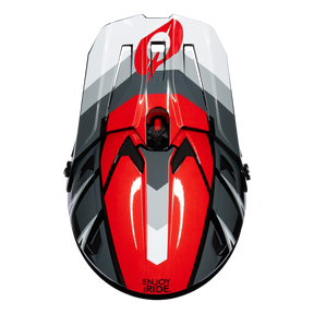 Der O'NEAL SONUS Helm SPLIT zeichnet sich durch ein kühnes, geometrisches Design in den Farben Rot, Schwarz, Grau und Weiß mit einem Blitz-Logo und "ENJOY THE RIDE" in der unteren Mitte aus - perfekt für jeden Fahrradliebhaber.