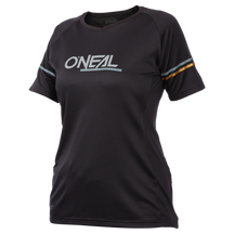 The O'NEAL SOUL Women's Jersey is a black, short-sleeved MTB jersey with "O'NEAL" lettering on the chest, light blue accents and a gold stripe on the sleeves. It has a V-neck for comfort and style.