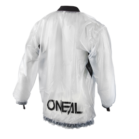 Die O'NEAL SPLASH Regenjacke ist eine durchsichtige, langärmelige Regenjacke von O'NEAL mit elastischen Bündchen und Bund. Auf dem Rücken ist in fetten schwarzen Buchstaben "O'NEAL" vor einem schlichten weißen Hintergrund aufgedruckt.