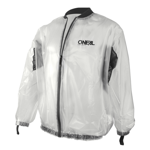 The O'NEAL SPLASH rain jacket is a transparent rain jacket with black trim, front zipper, elastic cuffs and hem, black mesh side inserts and the O'NEAL logo on the left chest.