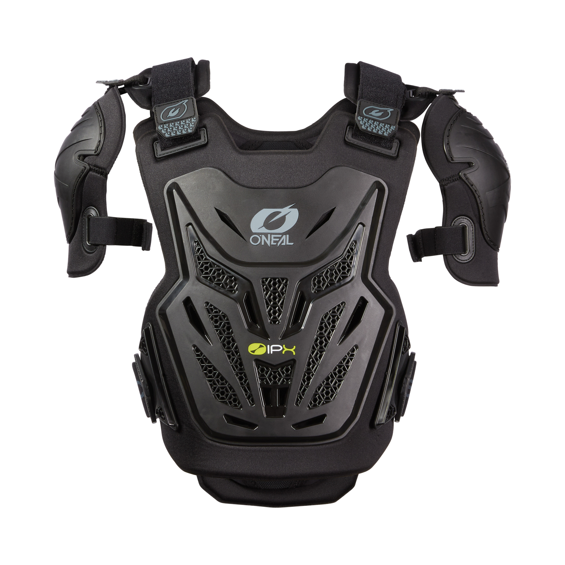 Der O'NEAL SPLIT PRO Brustpanzer Kinder ist ein schwarzer Brustpanzer mit Schulterschutz, Belüftungslöchern, verstellbaren Trägern, verstärkter Polsterung und Level 2-Schutz - ideal für Motocross oder Offroad-Sportarten.