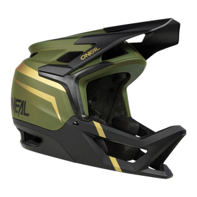 Il casco O'NEAL Transition TwiceMe FLASH in verde opaco con visiera nera, accenti dorati e aperture di ventilazione laterali offre una protezione ottimale quando si va in mountain bike.