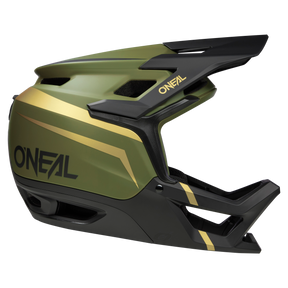 Il casco O'NEAL Transition TwiceMe FLASH combina una protezione completa del viso con una finitura verde opaca, accenti neri e dorati, una visiera robusta e loghi O'NEAL accattivanti - ideale per il ciclismo o il motocross.