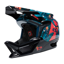 The O'NEAL TRANSITION TwiceMe helmet RIO features a full face design, a glossy black finish with tropical green leaves and red parrots, a large visor and eye-catching "O'NEAL" branding on the side and visor for optimal protection and style.