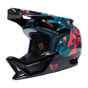 Il casco O'NEAL Transition TwiceMe RIO presenta un design integrale, una finitura nera lucida con foglie verdi tropicali e pappagalli rossi, un'ampia visiera e l'accattivante marchio "O'NEAL" sul lato e sulla visiera per una protezione e uno stile ottimali.