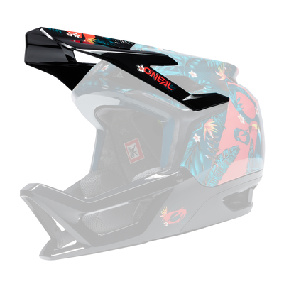 L'O'NEAL Visor Transition Helmet RIO è un casco da motocross integrale con un disegno di foglie tropicali e pappagalli su sfondo nero e rosso, un'ampia visiera e un'adeguata ventilazione.