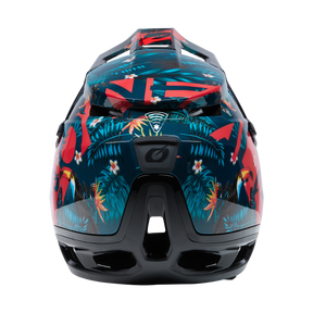 Il casco O'NEAL Transition TwiceMe RIO offre una protezione ottimale con un disegno geometrico tropicale di foglie di palma, fiori e rosso su sfondo nero, visto da dietro.
