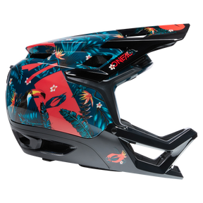 L'O'NEAL Transition TwiceMe Helmet RIO è un casco integrale nero con un disegno di tucano tropicale, foglie di palma e fiori che combina protezione ottimale e stile. Il logo "O'NEAL" è applicato lateralmente.