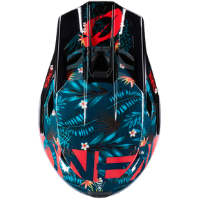 Vista dall'alto del casco O'NEAL Transition TwiceMe RIO in nero, enfatizzato da accenti rosso vivo e da un motivo tropicale con foglie di palma verdi e fiori bianchi. Il logo O'NEAL in rosso unisce stile e protezione ottimale.