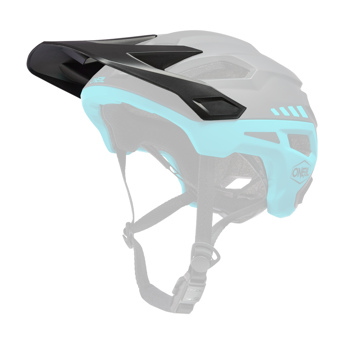 The O'NEAL Visor TRAILFINDER helmet SPLIT in black and turquoise features a visor, ventilation holes and adjustable chin straps, shown from the side on a white background.