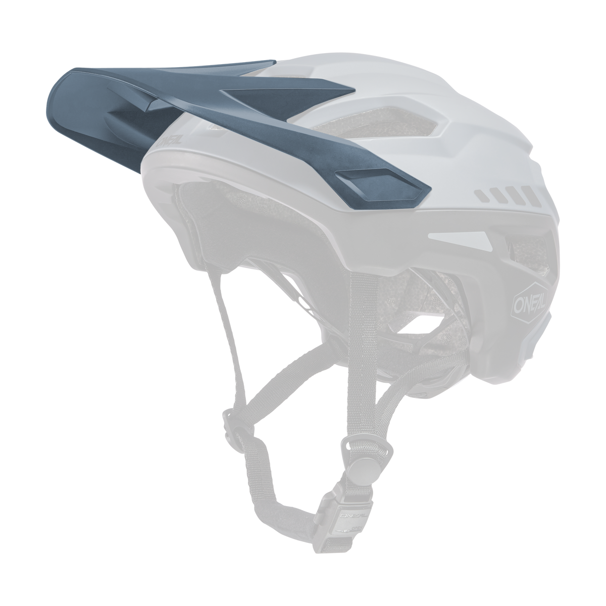 The O'NEAL Visor TRAILFINDER Helmet SPLIT by O'NEAL is a modern, matt blue and black mountain bike helmet with extended rear head protection, ventilation openings, adjustable visor and chin strap.
