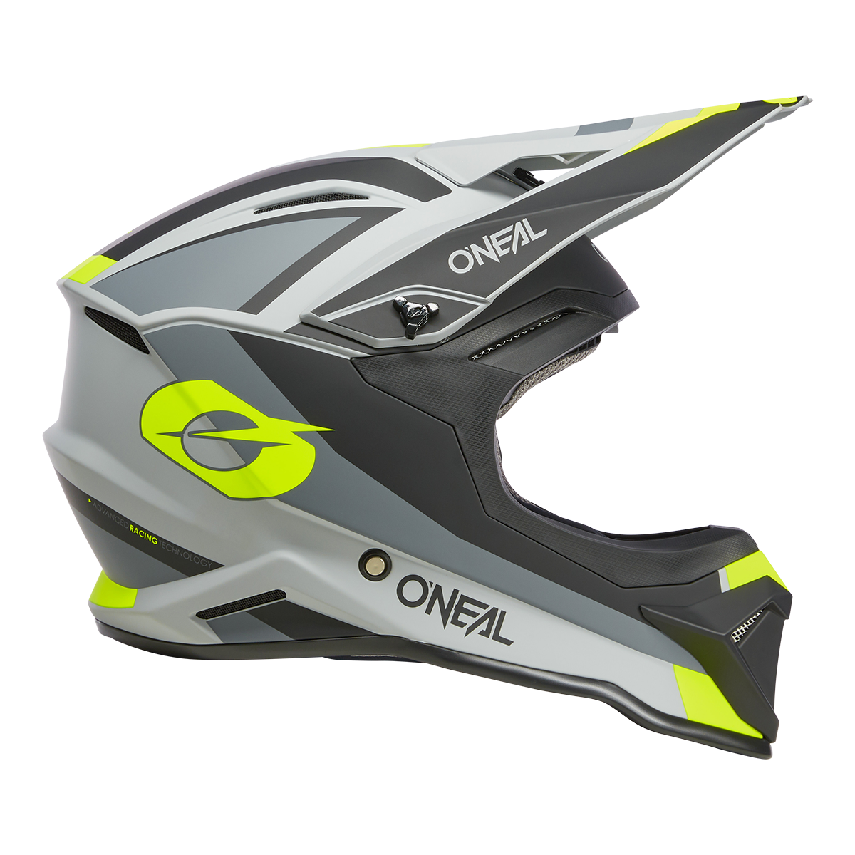 Der O'NEAL 1SRS Helm Kinder STREAM von O'NEAL zeichnet sich durch ein grau-schwarzes Design mit neongelben Akzenten und Logo aus, das von der Seite gezeigt wird. Er bietet ein Visier, eine aerodynamische Form und hochwertige Technik für das Fahren im Gelände.