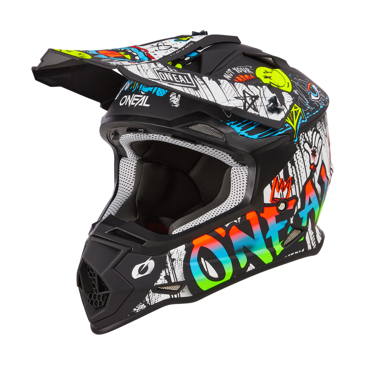 Il casco O'NEAL 2SRS Rancid è un casco da motocross nero con un'accattivante grafica a graffiti e la scritta "#ONEAL" sul lato. È dotato di una visiera e di molteplici prese d'aria per il massimo comfort, che lo rendono una scelta elegante per i motociclisti.