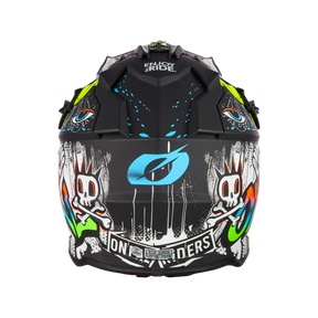 Il casco O'NEAL 2SRS Rancid di O'NEAL è un casco da motocross accattivante con una grafica astratta e audace, con due teschi coronati, accenti blu e verdi e le scritte "ENJOY THE RIDE" e "ON RIDERS" su sfondo nero.
