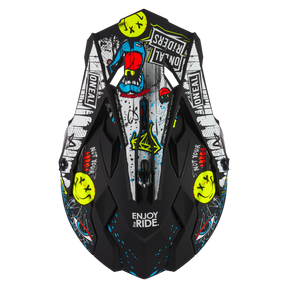 Il casco O'NEAL 2SRS Rancid è un casco da motocross nero con vivaci grafiche in stile graffiti - facce di cartoni animati, fulmini, schizzi di colore e "ENJOY THE RIDE" - un'aggiunta accattivante a qualsiasi kit da moto.
