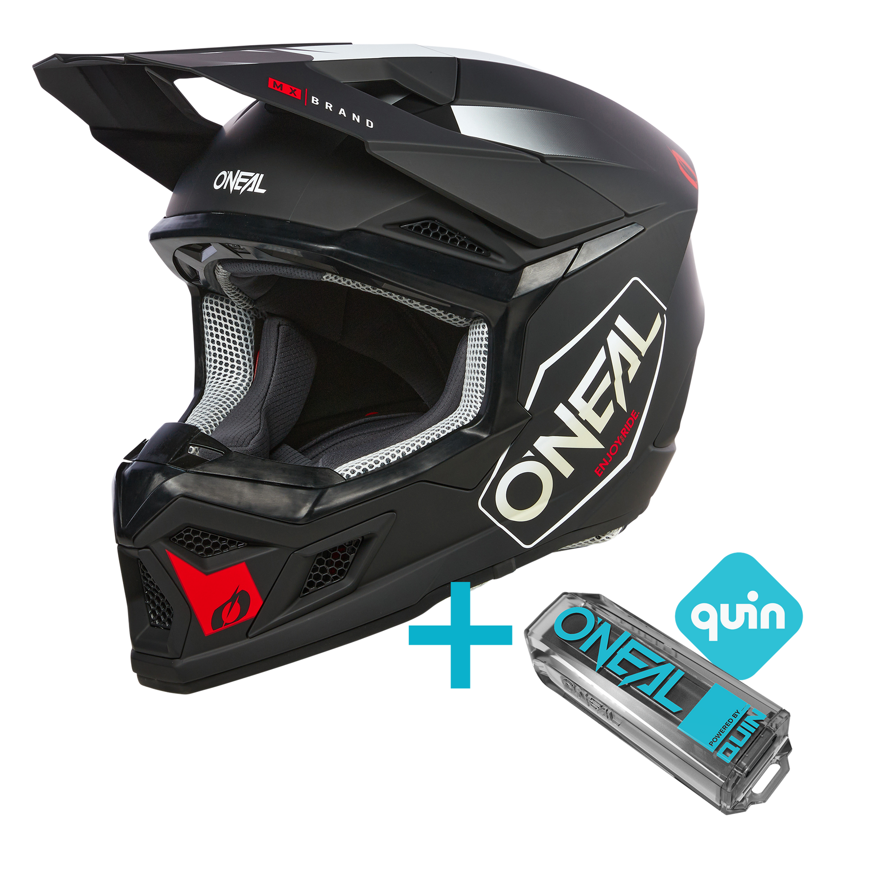 Das O'NEAL 3SRS Hexx Quin Bundle enthält einen schwarzen Integralhelm mit weiß-roten Akzenten und ein kompaktes Gerät der Marke O'NEAL mit dem Quin Pro Smart Sensor und einem blauen Quin-Logo.