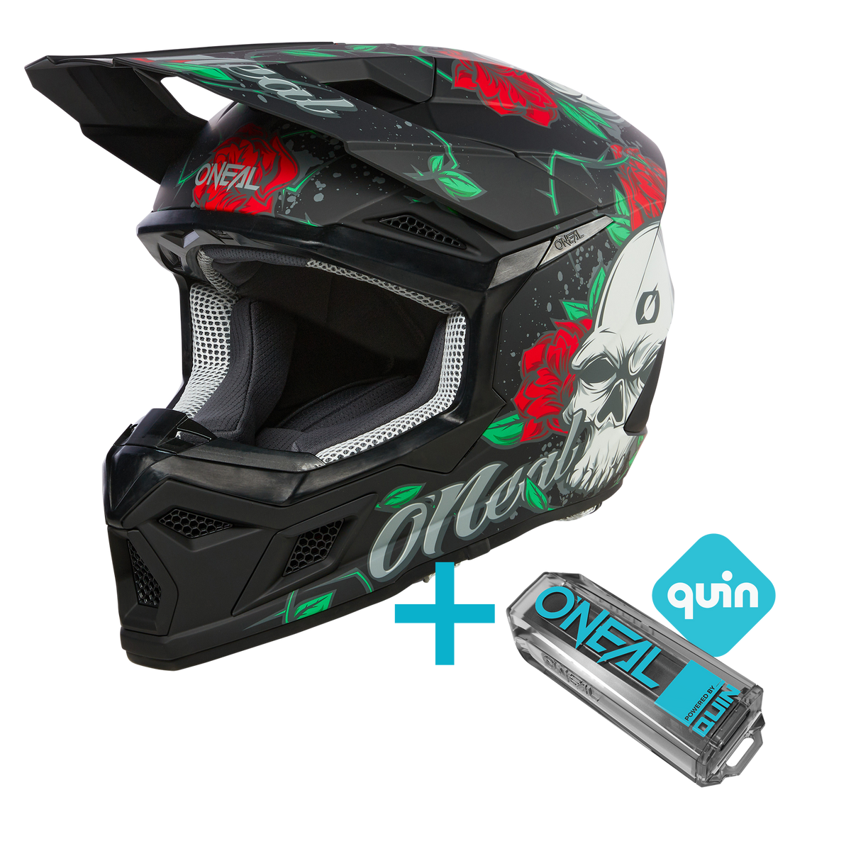 The O'NEAL 3SRS Melancia Quin Bundle features a black O'NEAL helmet with a green/red skull graphic next to a Quin Pro Smart Sensor, separated by a blue plus sign.