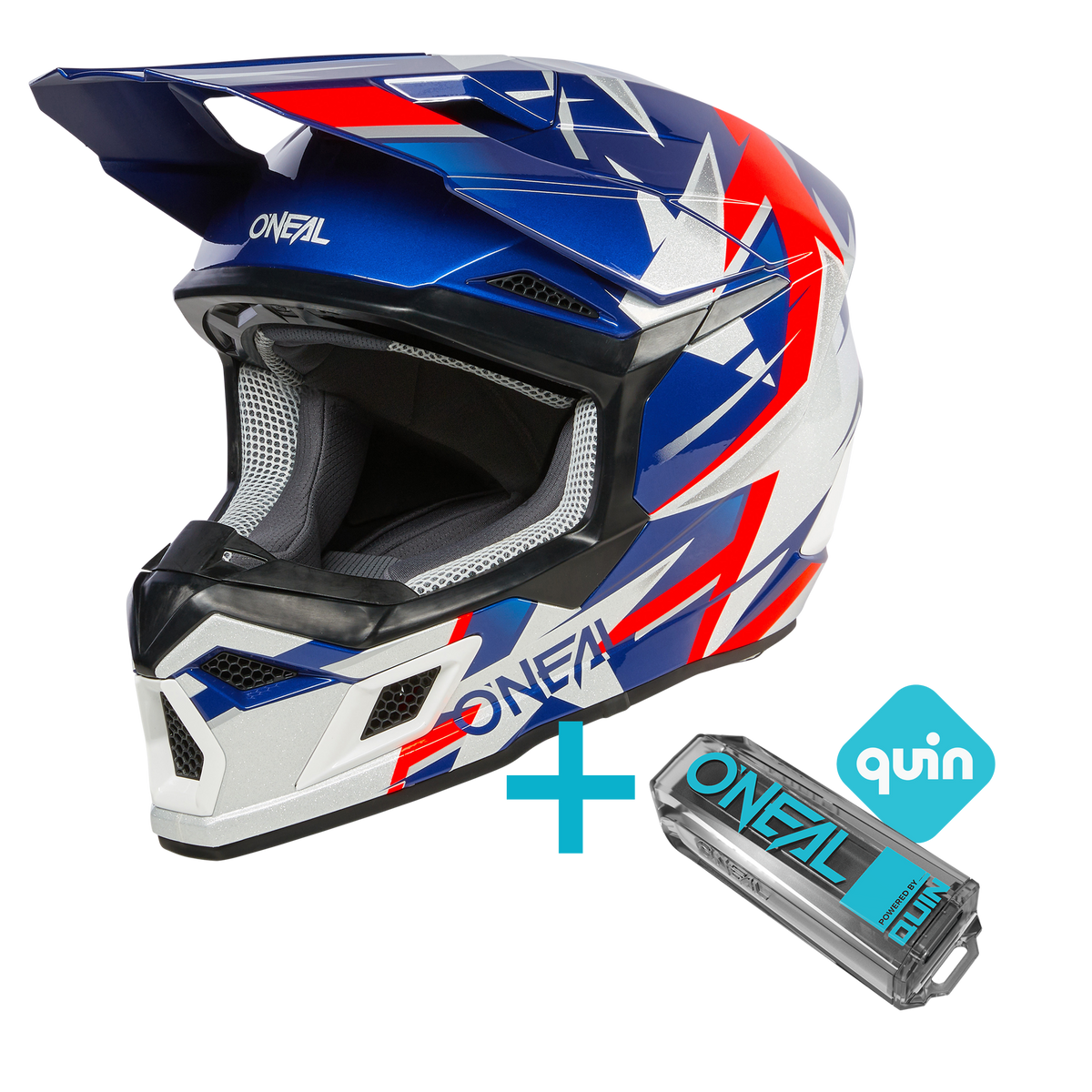 The O'NEAL 3SRS Ride Quin Bundle consists of a blue, red and white O'NEAL motocross helmet with "O'NEAL" branding and a device with the Quin logo that demonstrates the capabilities of the intelligent helmet with the Quin Pro Smart Sensor.