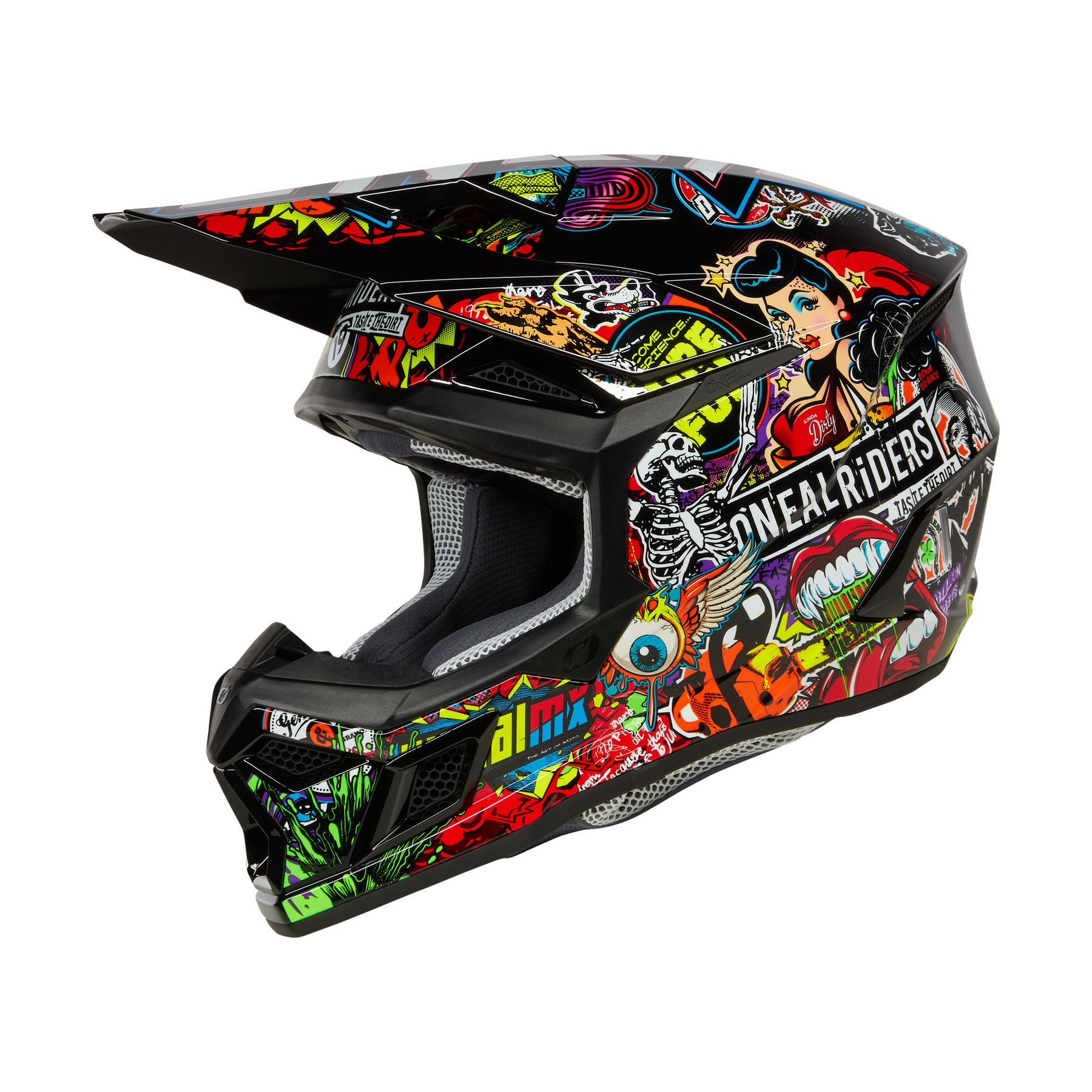 Der O'NEAL 3SRS Helm CRANK ist ein schwarzer Fullface-Motocross-Helm mit lebendiger Grafik mit Cartoon-Motiven, Totenköpfen, Graffiti und dem Schriftzug "O'NEAL RIDERS" - ideal für Ihr nächstes Rennen.