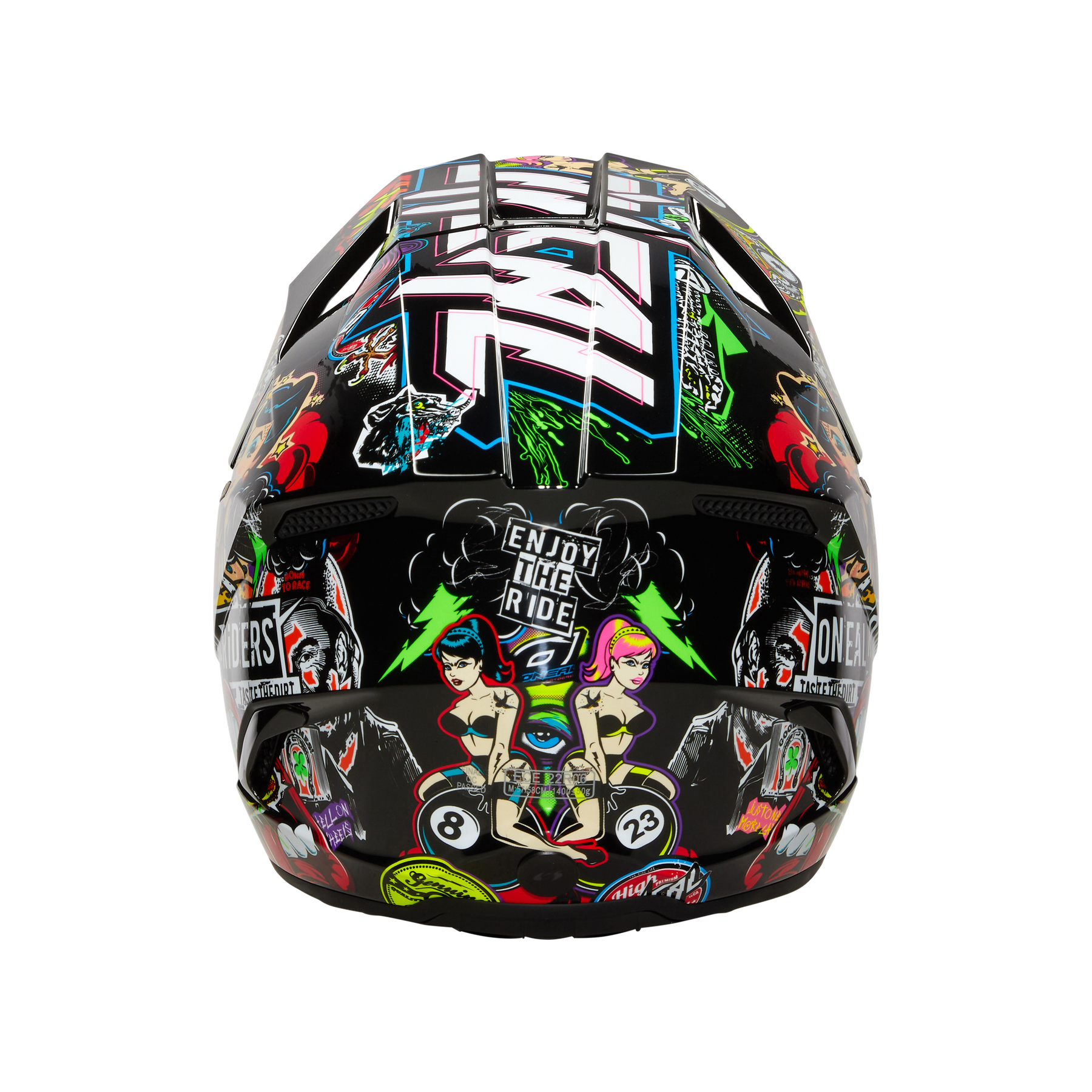 Der O'NEAL 3SRS Helm CRANK von O'NEAL zeigt plakative, farbenfrohe Graffiti-Kunst mit Cartoon-Frauen, Totenköpfen, Würfeln und "ENJOY THE RIDE!" auf schwarzem Hintergrund - perfekt für Ihre nächste Rennsession.