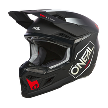 Der O'NEAL 3SRS Helm HEXX ist ein schwarz-grauer Motocross-Helm mit roten Akzenten, einem Visier, weißem O'NEAL-Logo, Belüftungsöffnungen und sichtbarer Innenpolsterung - perfekt für den Rennsport.