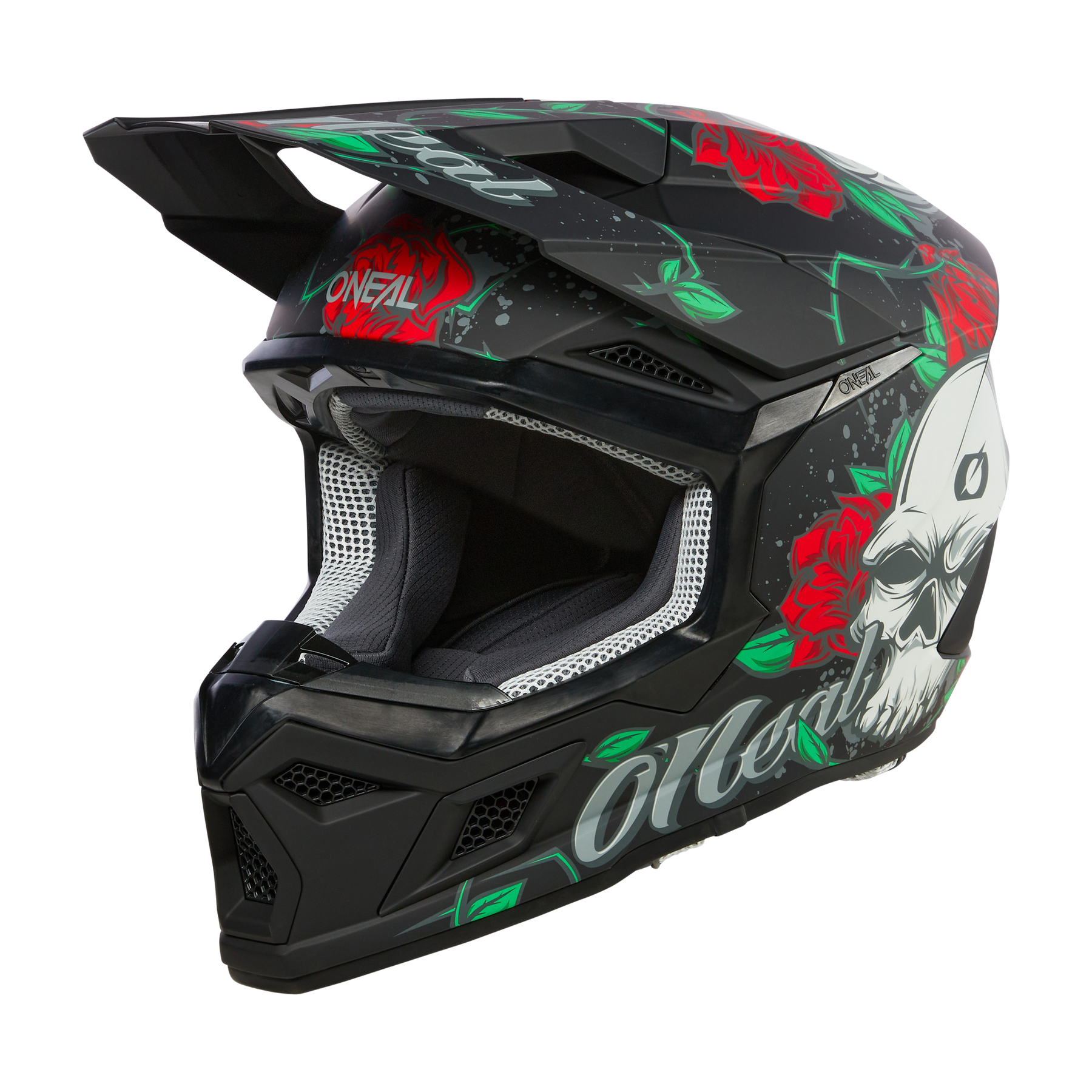 Der O'NEAL 3SRS Helm MELANCIA ist ein schwarzer Motocross-Helm mit roter Rose und grüner Blattgrafik, einem auffälligen weißen Totenkopf an der Seite, dem "O'NEAL"-Schriftzug und einem Visier für mutigen Stil.