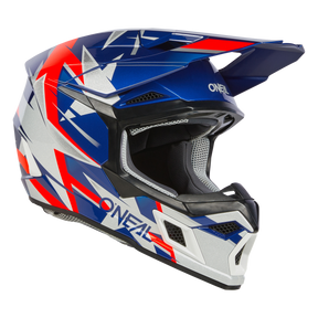 The O'NEAL 3SRS helmet RIDE is a blue, white and red full-face motocross helmet with eye-catching geometric patterns, ventilation openings, a visor and the "O'NEAL" lettering on the side.