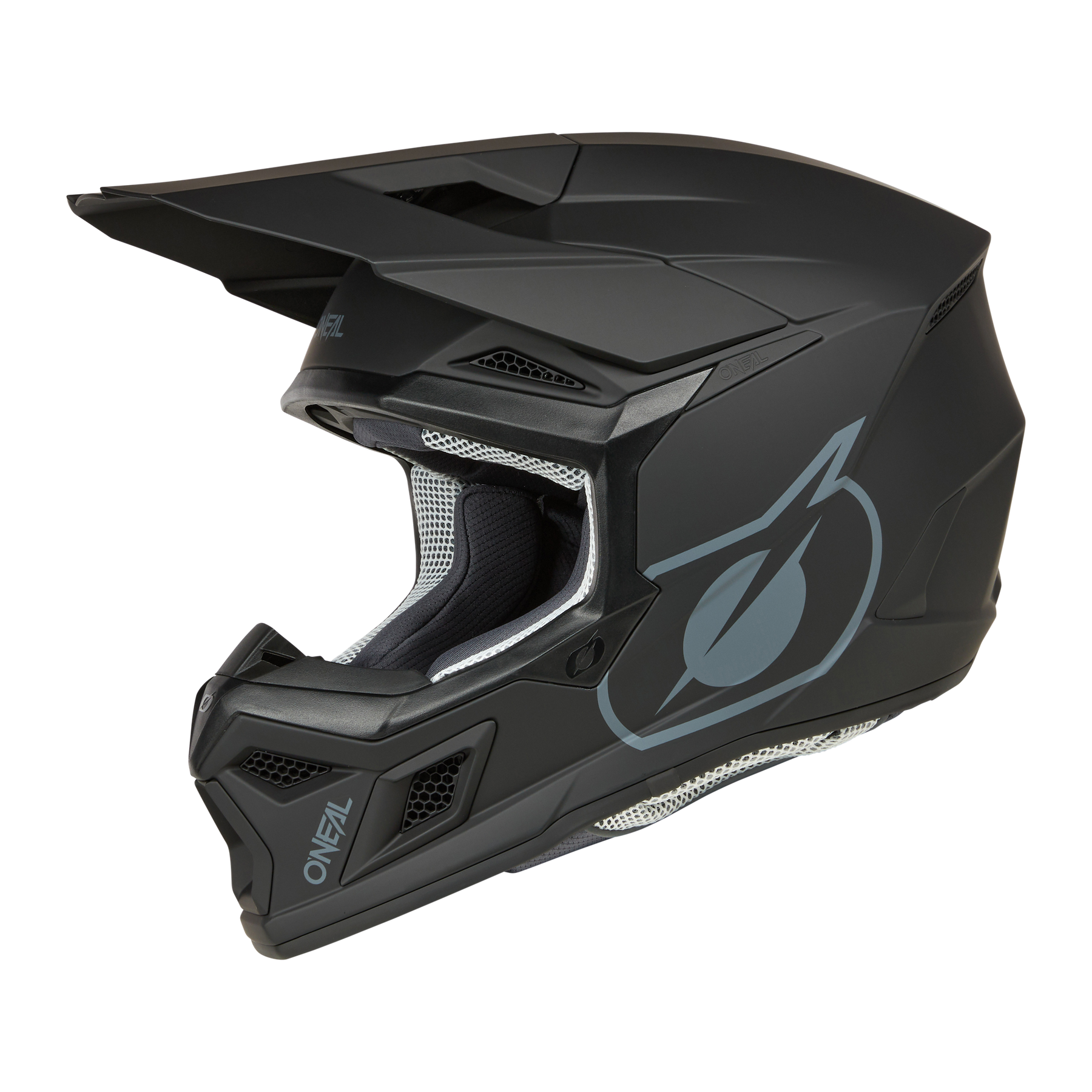 Der O'NEAL 3SRS Helm SOLID ist ein mattschwarzer Fullface-Motocross-Helm mit Visier, Kinnschutz, grauem O'NEAL-Logo an der Seite, Lüftungsöffnungen und gepolstertem Innenfutter.
