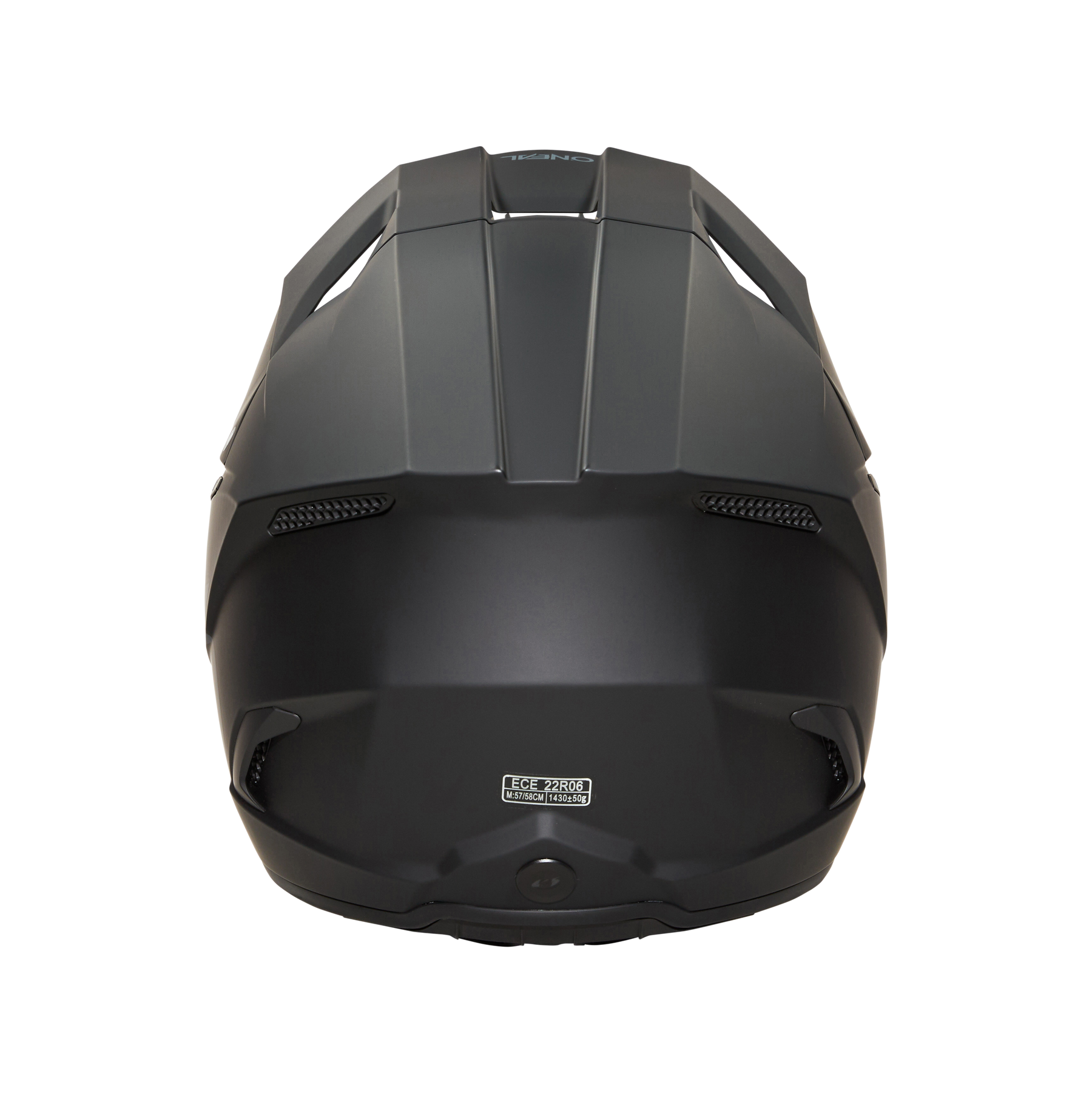 Draufsicht auf den O'NEAL 3SRS Helm SOLID von O'NEAL mit mattschwarzer Oberfläche, scharfen, kantigen Linien, Belüftungsöffnungen und einem rechteckigen Zertifizierungsschild in der hinteren Mitte.