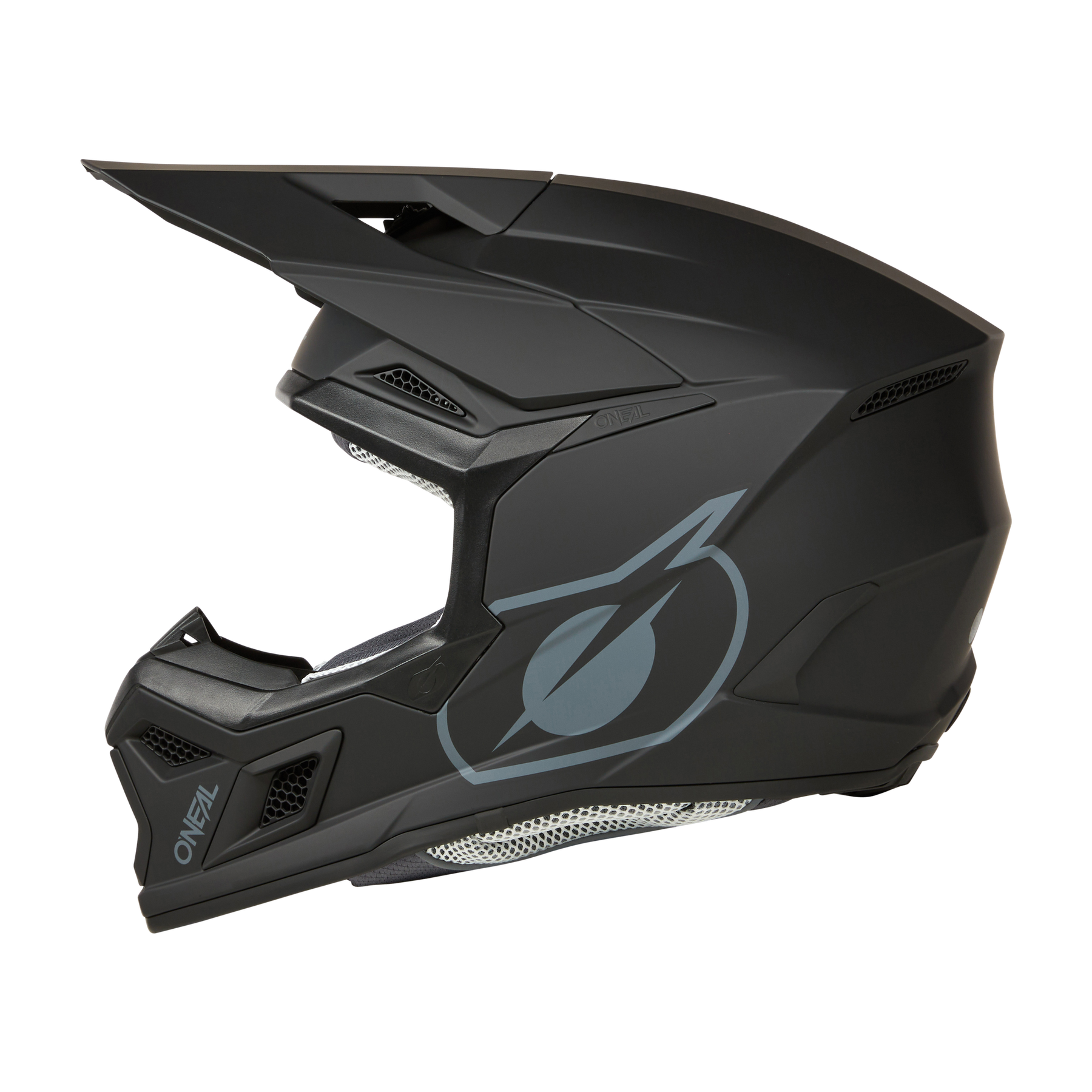 Der O'NEAL 3SRS Helm SOLID ist ein mattschwarzer Fullface-MX-Helm mit Visier, großer Belüftungsöffnung und auffälligem O'NEAL-Branding - perfekt für Motocross-Fans.