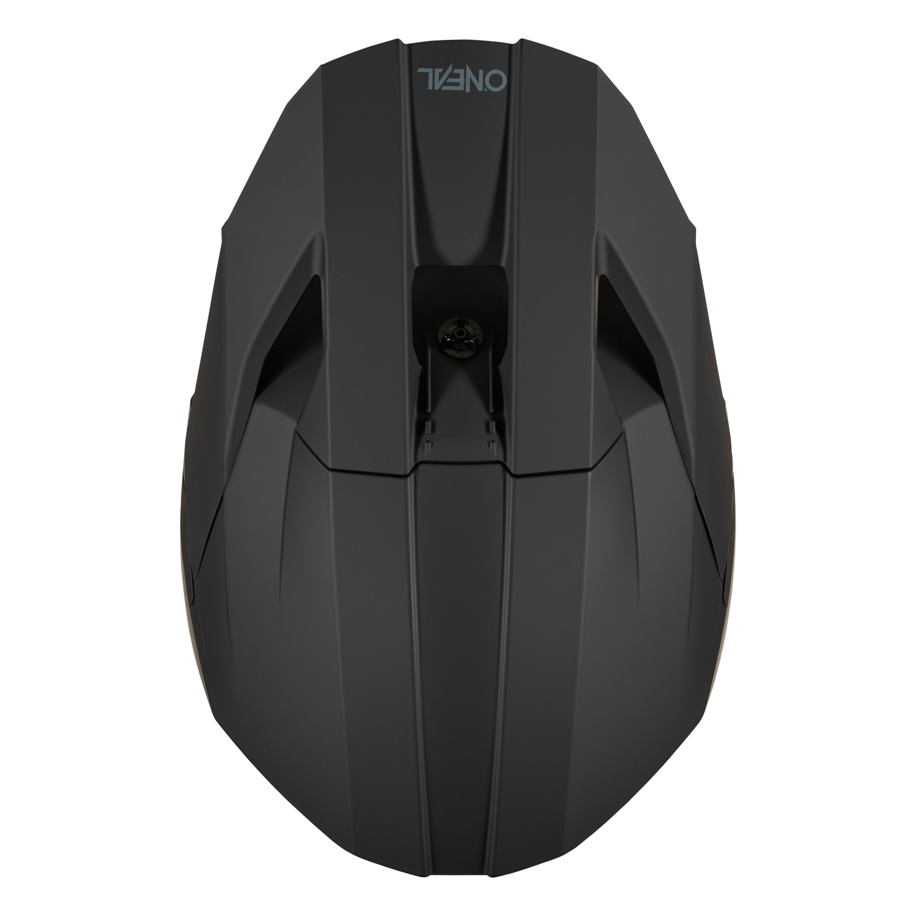 Draufsicht auf den mattschwarzen O'NEAL 3SRS Helm SOLID mit kantigen Linien, zentraler Belüftungsöffnung und O'NEAL-Logo oben an der Front - ideal für Motocross-Fans.