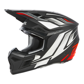 Ein schwarzer, weißer und roter O'NEAL 3SRS Helm VERTICAL Motocross-Helm mit kantiger Grafik, Visier, Seitenansicht, O'NEAL-Logo und Belüftungsöffnungen im Bereich von Mund und Kiefer im Racing-Stil.