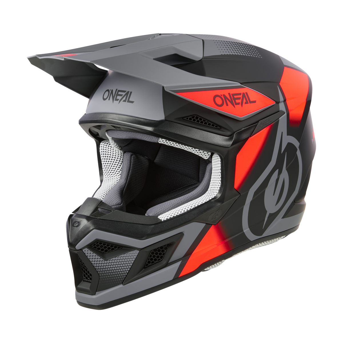 The O'NEAL 3SRS helmet VISION is a black, grey and red full-face motocross helmet with bold geometric patterns, the O'NEAL logo and a dynamic stylized flame graphic on the side.