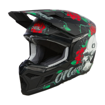 The O'NEAL 3SRS MELANCIA helmet for youth is an eye-catching black motocross helmet with red roses, green leaves and a large white skull graphic on the side as well as the "O'Neal" lettering in stylized lettering - a real eye-catcher for young riders.