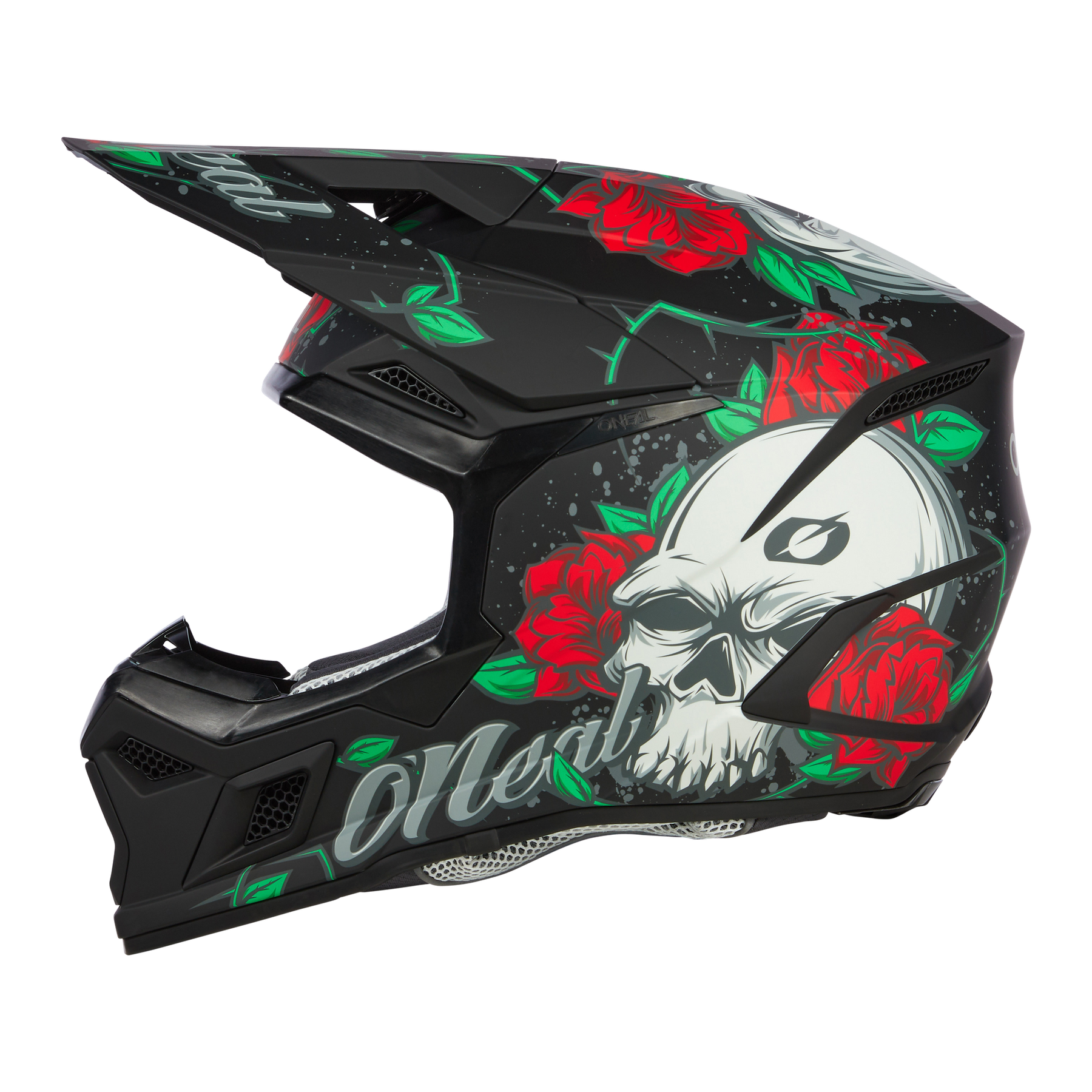 Der O'NEAL 3SRS Helm Kinder MELANCIA ist ein auffälliger schwarzer Motocross-Helm für Kinder mit einem weißen Totenkopf, roten Rosen, grünen Blättern und "O'Neal" in weißer Schrift - perfekt als auffälliger Motorradhelm oder Kinderhelm für junge Fahrer.